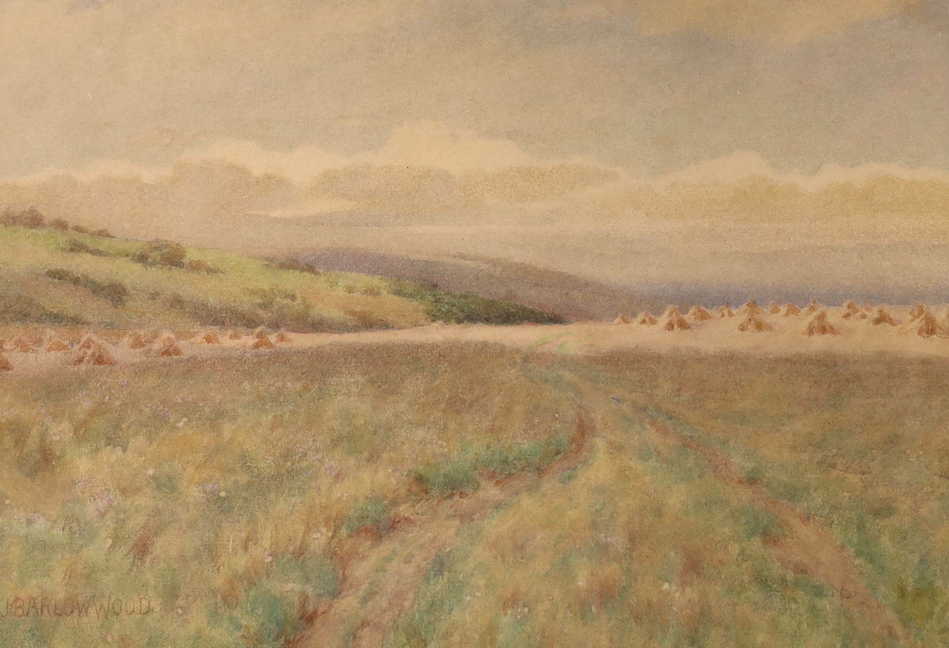 John Barlow Wood (1862–1949), watercolour, 'At the edge of the cornfield', together with a pencil sketch of a river landscape, indistinctly monogrammed, largest 22 x 33cm